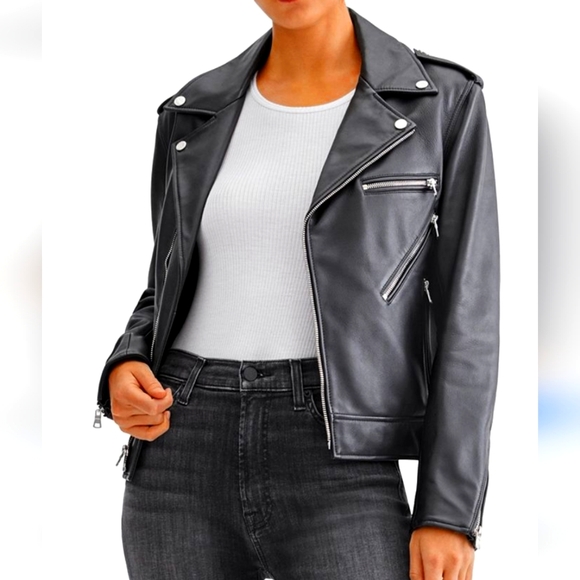 NWT 7 For All Mankind Black Leather Moto Jacket Women's Small - Picture 1 of 10
